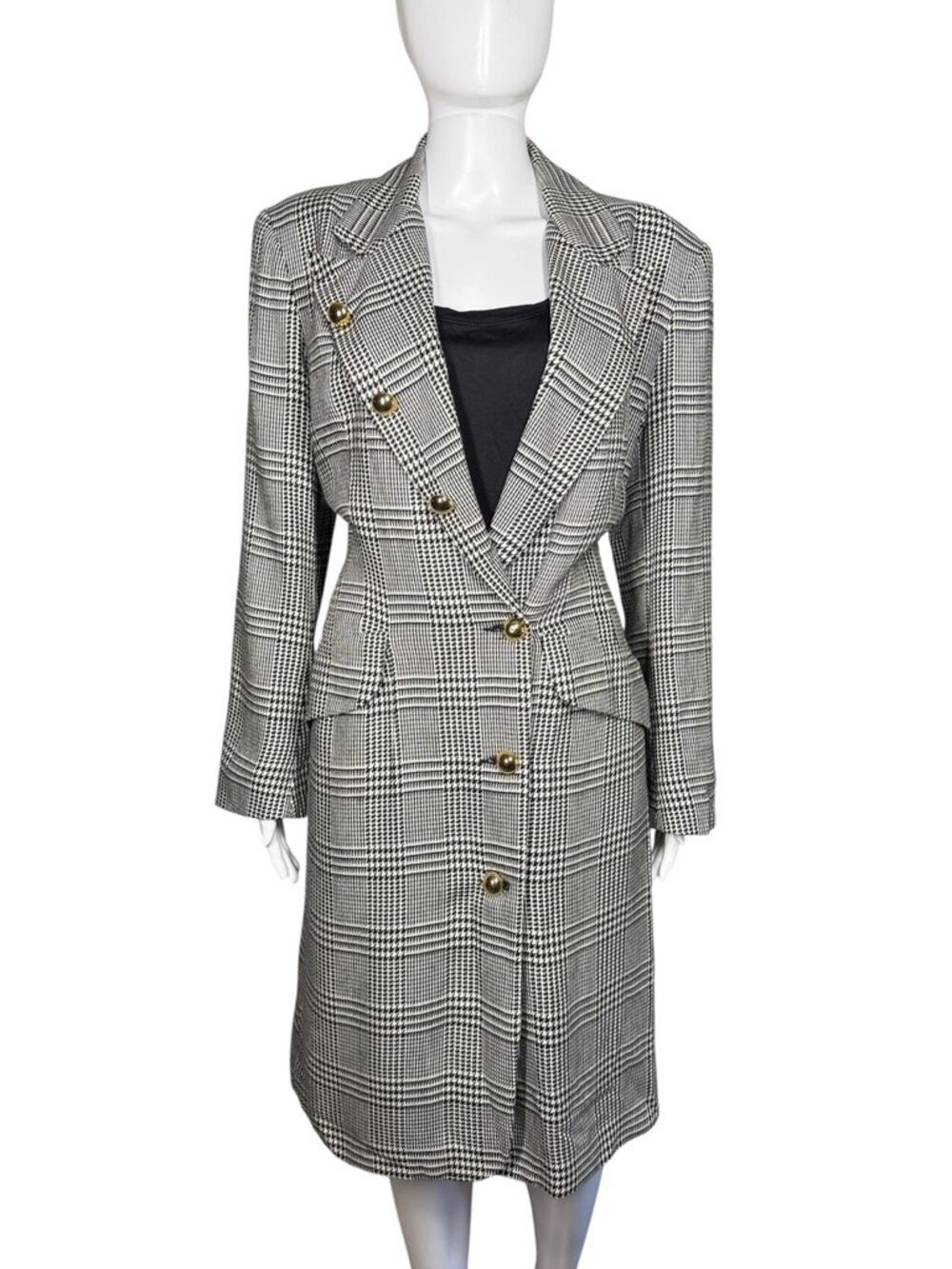 BILL BLASS Vintage 80s Wool Blend Plaid Menswear Blazer Coat Sheath Dress Size 8